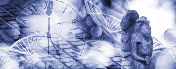 image of stylized clock face on gene code background