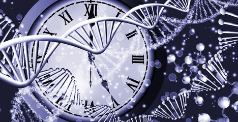 image of stylized clock face on gene code background