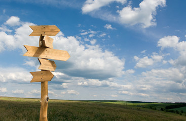 image of wooden signposts against the sky