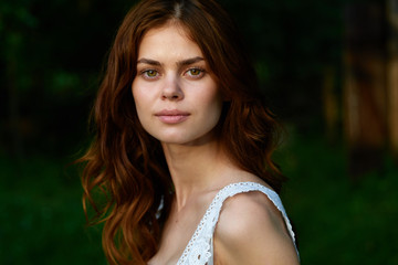 beautiful woman green leaves nature park