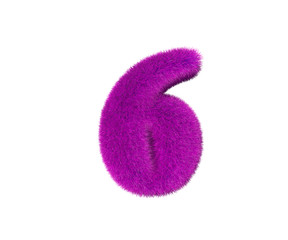number 6 of pink wooly font isolated on white background, glamorous concept 3D illustration of symbols