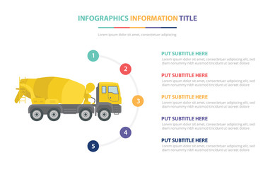 concrete mixer infographic template concept with five points list and various color with clean modern white background - vector