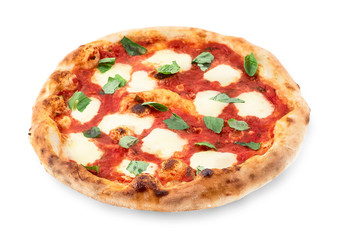 Pizza Margherita on white isolated background. Pizza Margarita with Tomatoes, Basil and Mozzarella Cheese.