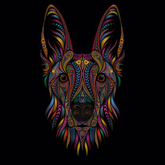 Portrait of a shepherd dog from color patterns on a black background. Vector illustration