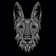 Beautiful vector portrait of a shepherd dog from patterns on a black background