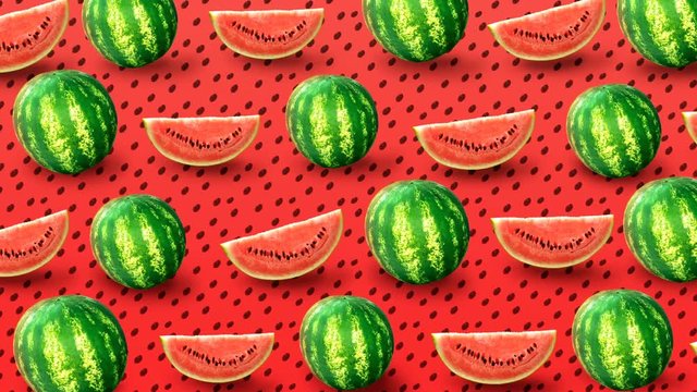 Fresh watermelons on red background. Colorful fruit pattern. 4k video.