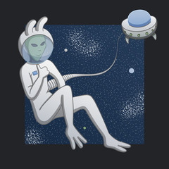 Green alien in a spacesuit with a thumb up hovers in space. He is attached to his ship by a pipe. The background consists of stars and planets. Black frame. Vector.