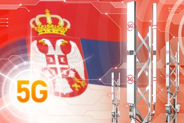 Serbia 5G industrial illustration, big cellular network mast or tower on modern background with the flag - 3D Illustration