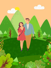 People embracing walking in forest or rest in park at summertime. Vector blooming plants and hills, couple man and woman walk among bushes, firs and pines