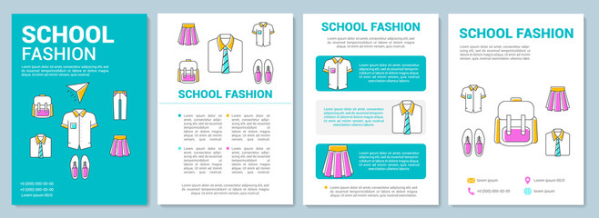 School children fashion brochure template layout. College uniform. Flyer, booklet, leaflet print design with linear illustrations. Vector page layouts for magazines, annual reports, advertising poster