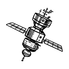 Astronaut spaceship for traveling in space. Satellite for the study of planets and galaxies. Astronomy sketch for emblem or logo in vintage style. Hand drawn illustration in retro doodle style.