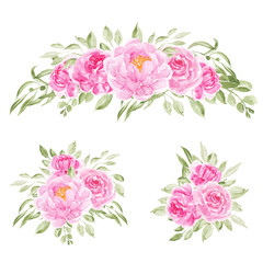 3 bouquets of pink watercolor peony flowers