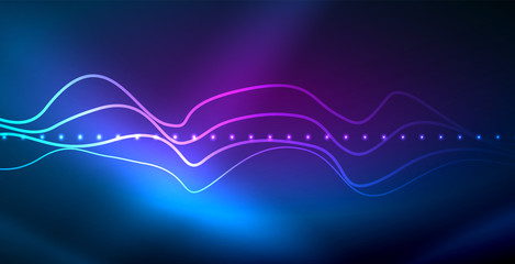 Glowing abstract wave on dark, shiny motion, magic space light. Vector techno abstract background