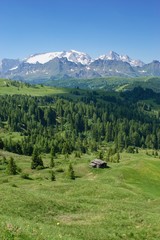 Fototapeta na wymiar Beautiful mountain scenery with green pastures and Marmolada peak on the horizon - Dolomites Italy.