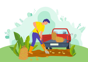 Man working on potato field vector, tractor machine for transportation of gathered production. Countryside nature, male using shovel farmer on farm