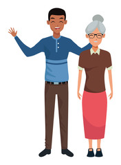 Family old mother with adultt son smiling and greeting