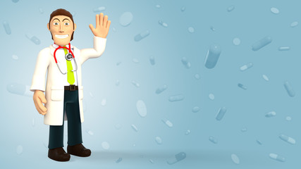 Cartoon doctor wearing a stethoscope waving an hello sign with his hand on a blue background with falling pills and tablets 3d rendering