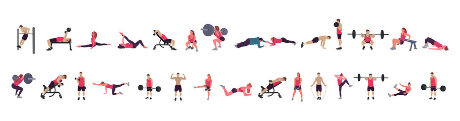 Fototapeta na wymiar Man and woman gym set. Workout flat illustration collection - Vector