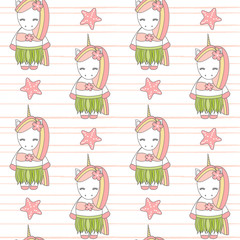 cute lovely summer cartoon Hawaiian unicorn funny seamless vector pattern background illustration 