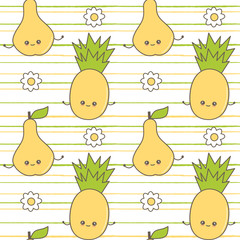 cute colorful cartoon seamless vector pattern background illustration with character pineapples and pears