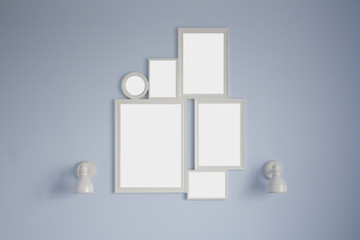 White collage frame mockup on the blue wall with white lamps