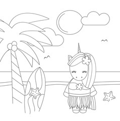 cute lovely black and white cartoon Hawaiian unicorn at the beach funny vector illustration for coloring art