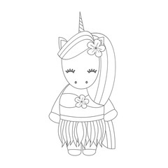 cute lovely black and white cartoon Hawaiian unicorn funny vector illustration for coloring art