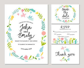 Wedding invitation card with cute flowers and birds. Save the date, RSVP, Thank you cards