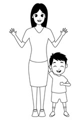 Family single mother with children cartoon in black and white