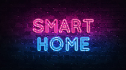 Smart home neon sign. purple and blue glow. neon text. Brick wall lit by neon lamps. Night lighting on the wall. 3d illustration. Trendy Design. light banner, bright advertisement