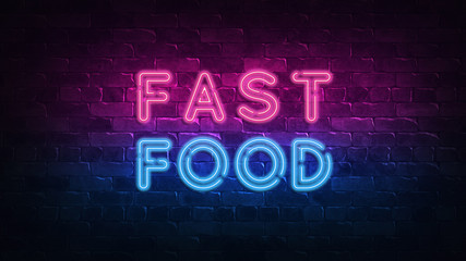 Fast food neon sign. purple and blue glow. neon text. Brick wall lit by neon lamps. Night lighting on the wall. 3d illustration. Trendy Design. light banner, bright advertisement