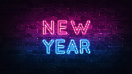 Obraz premium New Year neon sign. purple and blue glow. neon text. Brick wall lit by neon lamps. Night lighting on the wall. 3d illustration. Trendy Design. light banner, bright advertisement