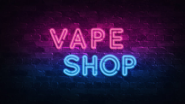 Vape shop neon sign. purple and blue glow. neon text. Brick wall lit by neon lamps. Night lighting on the wall. 3d illustration. Trendy Design. light banner, bright advertisement
