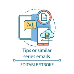 Fototapeta premium Tips or similar series emails concept icon. Email automation series idea thin line illustration. Digital marketing. Subscriber messages. Vector isolated outline drawing. Editable stroke