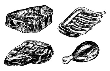 Beef meat, pork steak, bbq chicken, meatloaf, bacon and ribs. Barbecue food in vintage style. Templates for restaurant menu, emblems or badges. Hand drawn sketch.