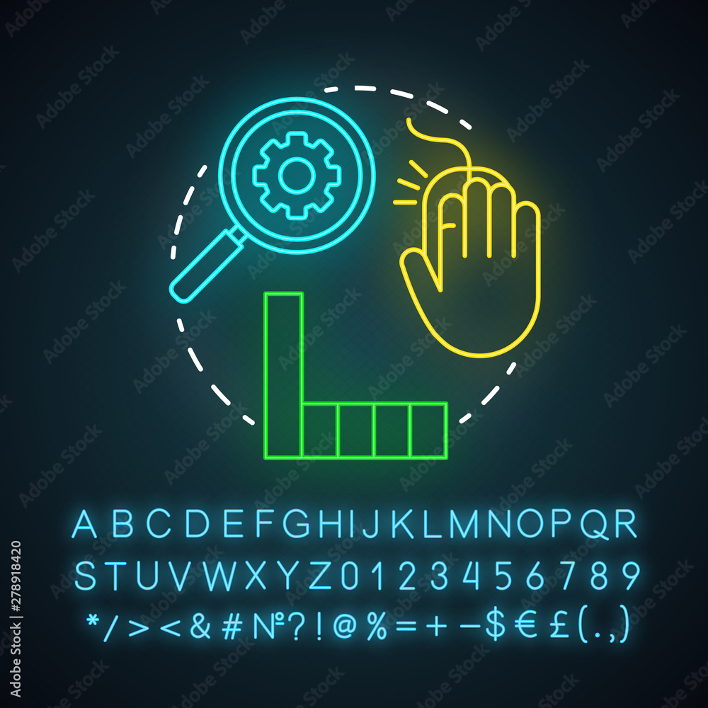 Poster first-touch attribution neon light icon. digital marketing channel analysis. attribution modeling ty
