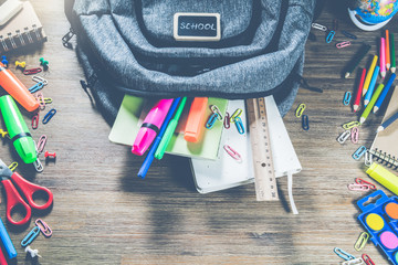 Backpack with school supplies, top view. Back to school