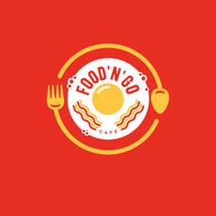 Food and Go bistro logo. Street food emblem. Fork, spoon and fried eggs with bacon in the red background. Cafe or restaurant emblem. 