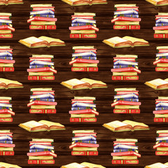 Watercolor books seamless pattern illustration. Hand painted stack of books isolated on white background.