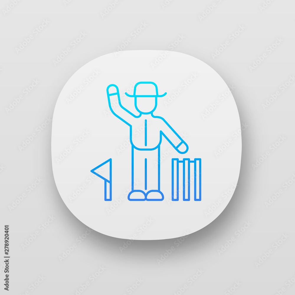 Poster cricket judge app icon. umpire signal decision. arbitrator follow game. man in uniform, flag, wicket
