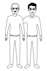 Family old father with adultt son cartoon in black and white