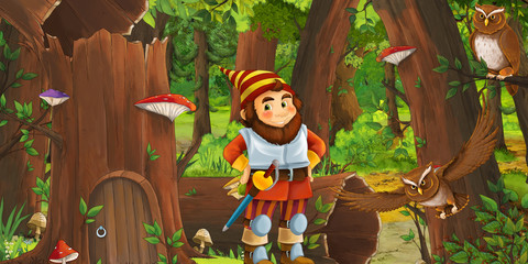 cartoon scene with happy dwarf in the forest near some house in the old tree and near some owls birds - illustration for children