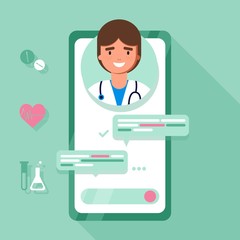 Online tele medicine flat concept. Medical consultation and treatment via application of smartphone connected internet clinic. Online doctor consultation technology in smartphone vector.