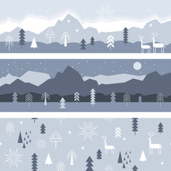 Set of horizontal banners, winter landscape illustration in gray color, seamless pattern, Christmas Deer, Christmas cards idea 