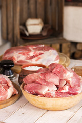 juicy meat tenderloin fillet for cooking stew and bbq on a wooden board. Vertical. Place for text