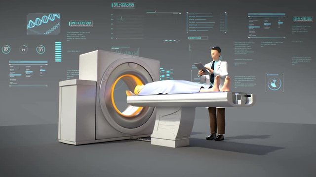 Doctor examines a patient entering an MRI scanner with user interface. advanced future medical technology, 4k animation.