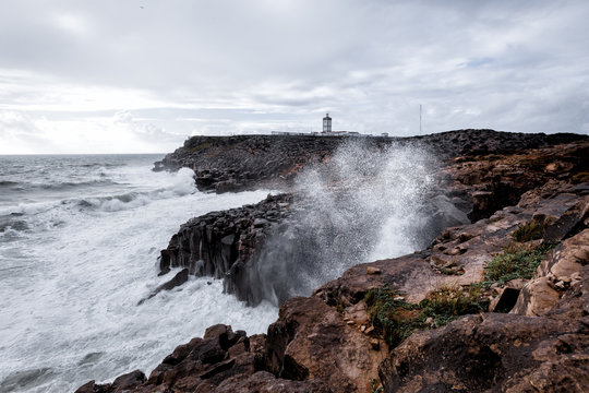 Panoramic photo of Cabo Carvoeiro Lighthouse at stormy weather