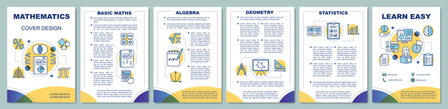 Mathematics lessons brochure template layout. Flyer, booklet, leaflet print design with linear illustrations. Geometry, algebra, statistics. Vector page layouts for magazines, annual reports, posters