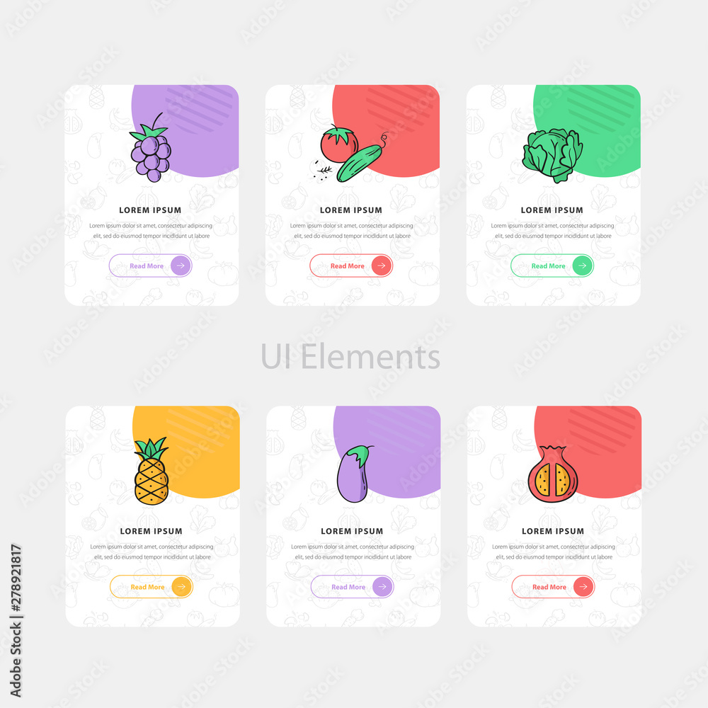 Aufkleber creative fruit and vegetables web cards with text and icon. website and application cards design tem