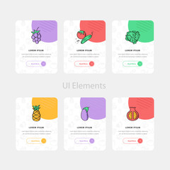 Creative fruit and vegetables web cards with text and icon. Website and application cards design templates collection. Ui elements